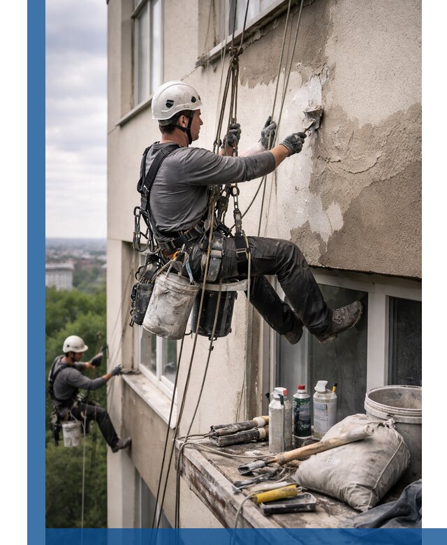 Косметический ремонт фасада зданий в Курганинске промышленными альпинистами