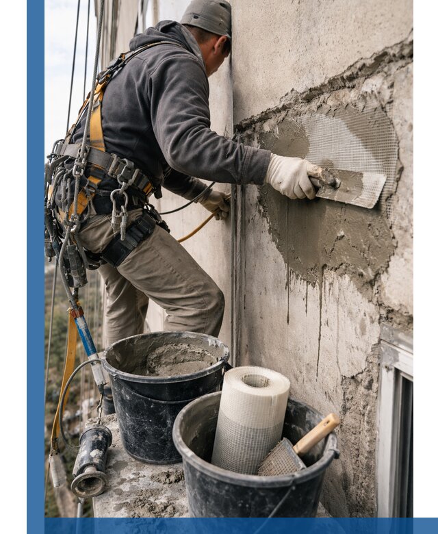 Ремонт бетонных элементов фасада промышленными альпинистами в Курганинске