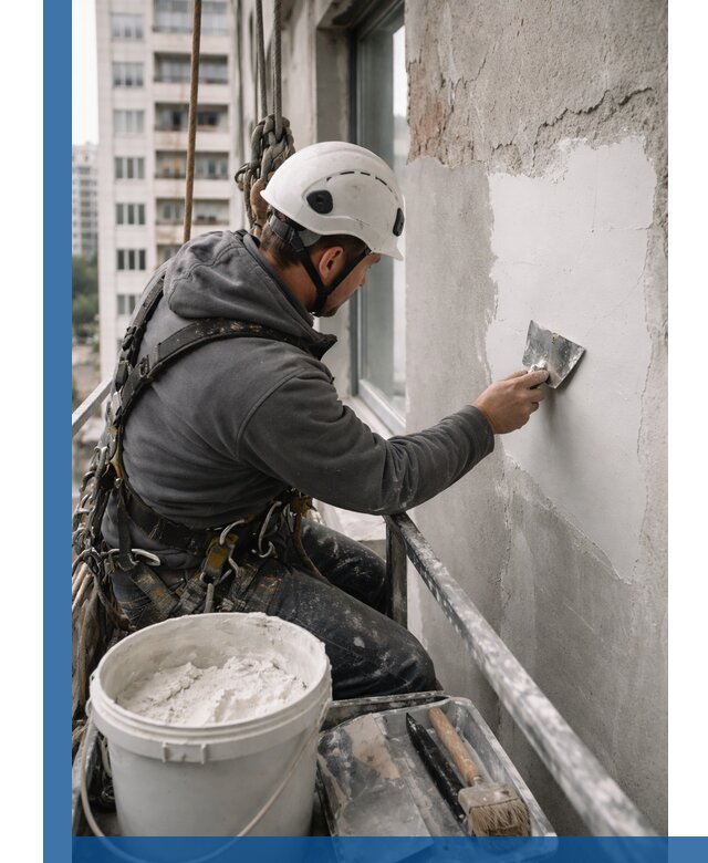 Шпаклевка фасадов на высоте с промальпинистами в Курганинске