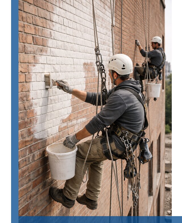 Покраска кирпичного фасада с доступным альпинистским сервисом в Курганинске