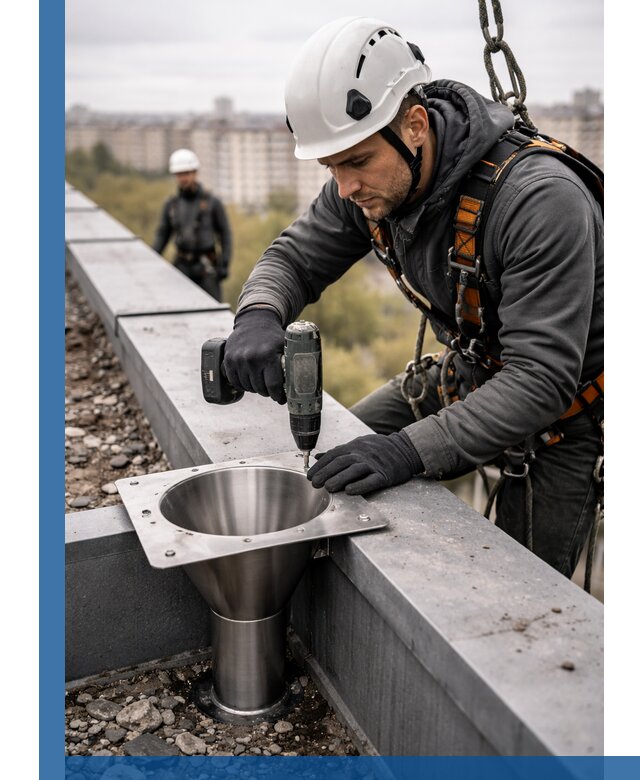 Монтаж водосточных воронок в Курганинске для промышленных зданий