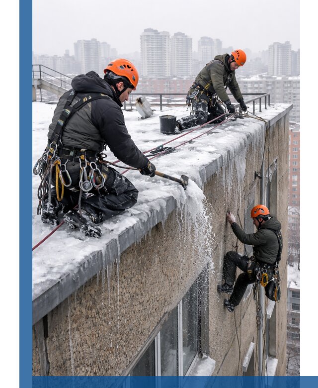 Удаление наледи с кровли в Курганинске промышленными альпинистами