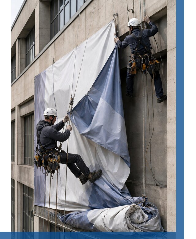 Демонтаж баннеров с фасада в Курганинске от 4680 р. | ВЫСОТНИК-Кгн