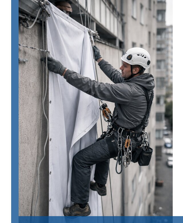 Замена баннерного полотна промышленными альпинистами в Курганинске