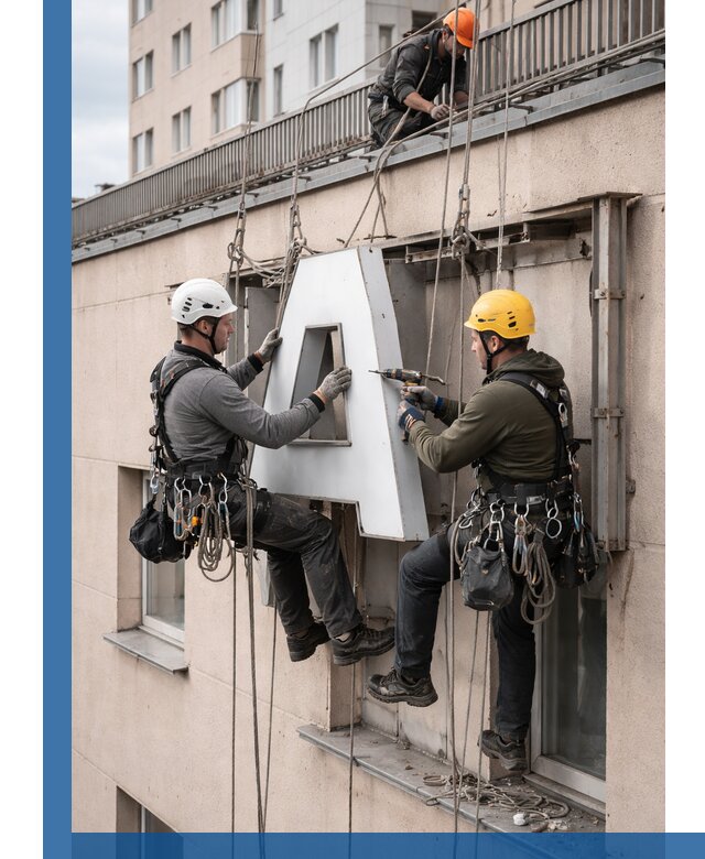 Ремонт и восстановление наружных вывесок на высоте в Курганинске