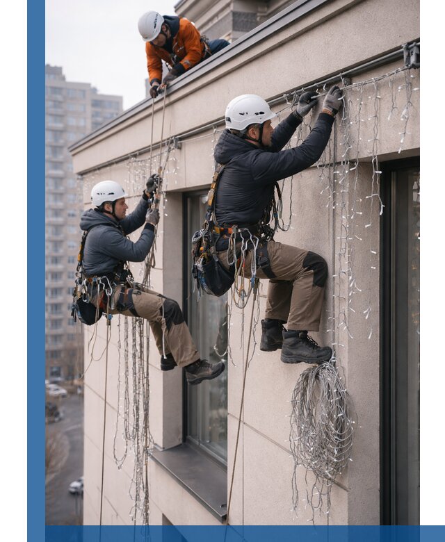 Монтаж праздничных гирлянд на фасаде в Курганинске для зданий