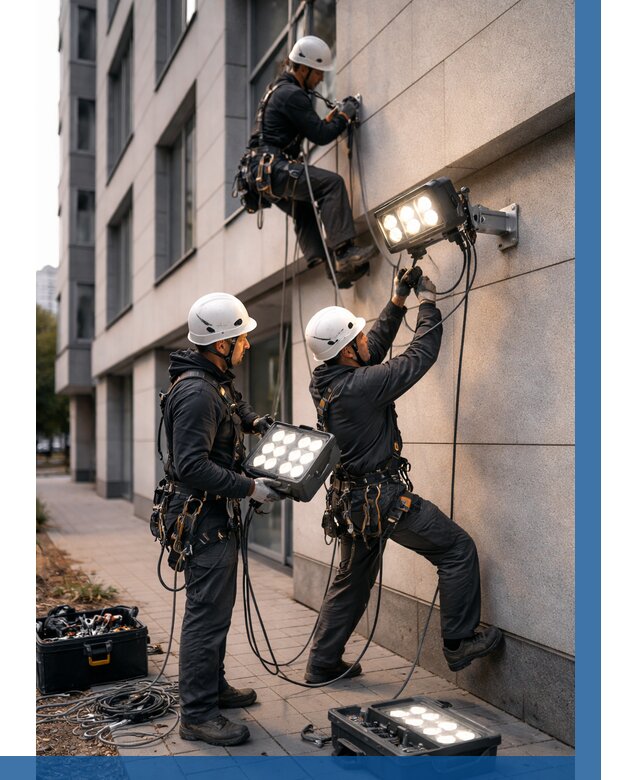 Монтаж прожекторов на фасаде в Курганинске от 7801 р. | ВЫСОТНИК-Кгн