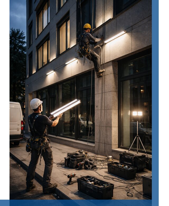 Монтаж архитектурной подсветки здания в Курганинске от 2600 р.|ВЫСОТНИК-Кгн