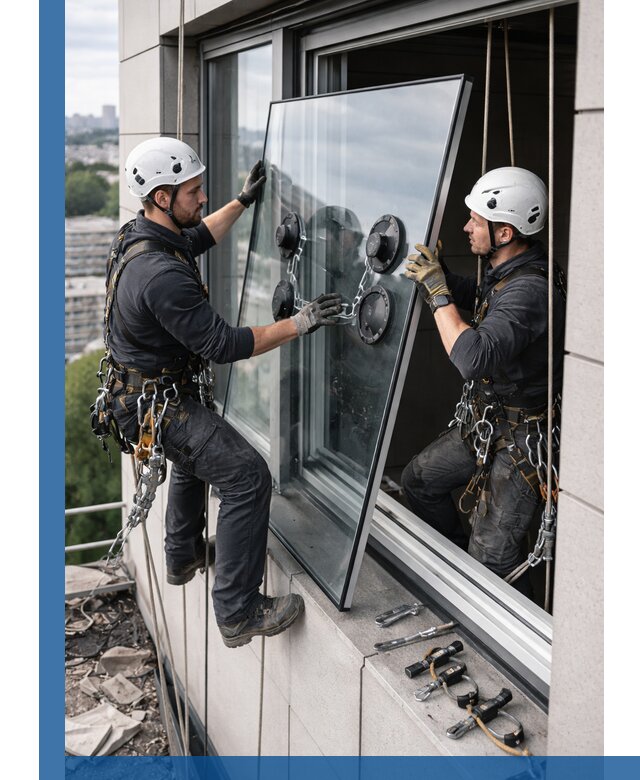 Замена стеклопакетов на высоте с промышленными альпинистами в Курганинске