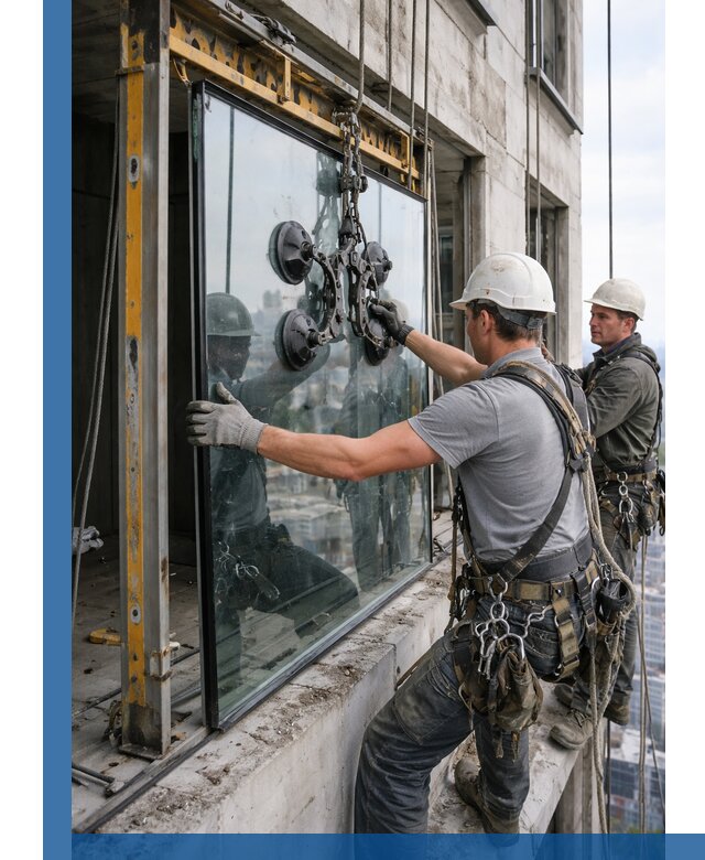 Монтаж стеклопакетов на высоте в Курганинске с промышленным альпинизмом
