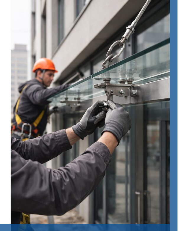 Монтаж стеклянных козырьков в Курганинске от 8841 р. | ВЫСОТНИК-Кгн