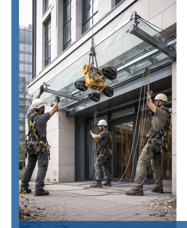 Монтаж стеклянных козырьков под ключ в Курганинске для зданий