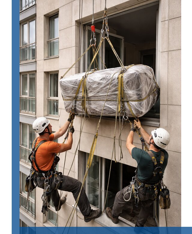 Подъем грузов через окно в Курганинске промышленными альпинистами