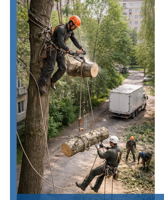 Спил деревьев альпинистами в Курганинске, безопасно и без повреждений