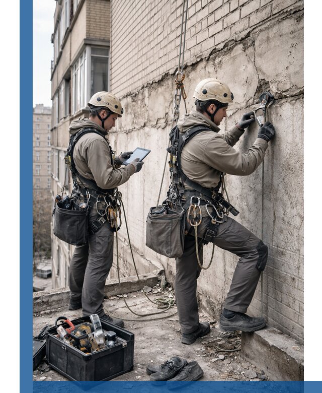 Обследование фасада промышленными альпинистами в Курганинске